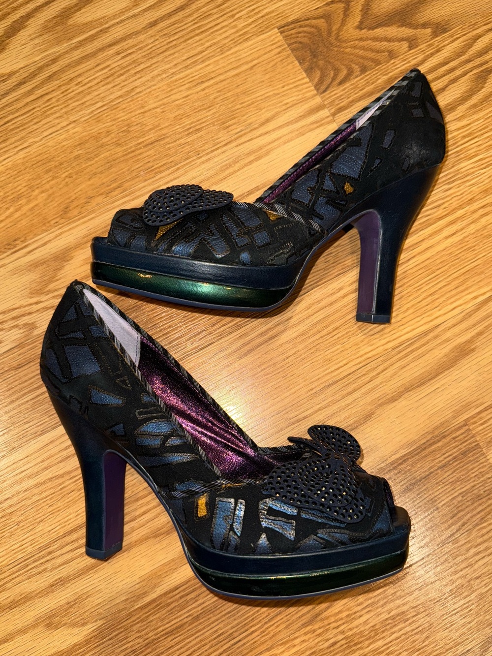 POETIC LICENCE LONDON black, purple, navy, forest green peep toe platforms 7.5